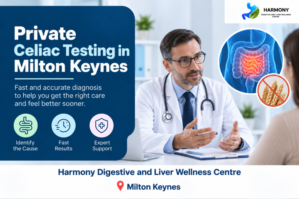 Private celiac testing in Milton Keynes with a doctor consulting a patient, digestive system illustration, and gluten-related visual, promoting fast and accurate diagnosis at Harmony Digestive and Liver Wellness Centre.