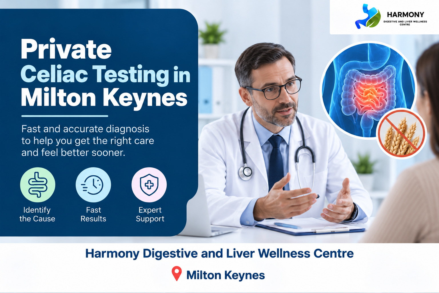 Private celiac testing in Milton Keynes with a doctor consulting a patient, digestive system illustration, and gluten-related visual, promoting fast and accurate diagnosis at Harmony Digestive and Liver Wellness Centre.
