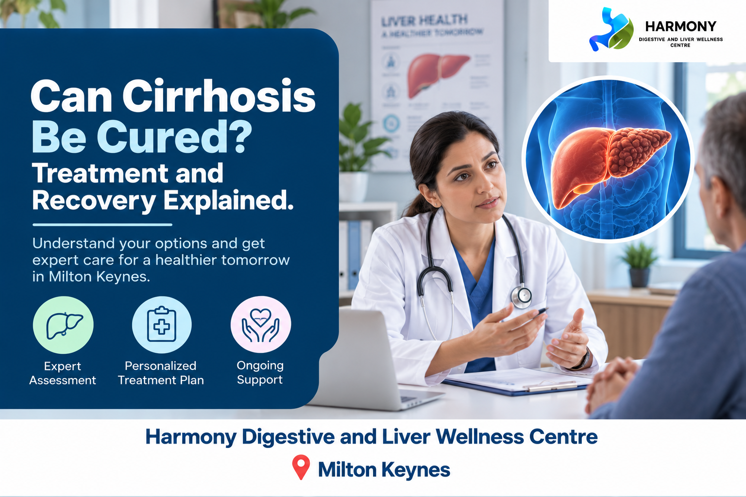 Cirrhosis treatment and recovery explained, showing a female doctor consulting a patient with a liver health illustration highlighting cirrhosis, at Harmony Digestive and Liver Wellness Centre in Milton Keynes.