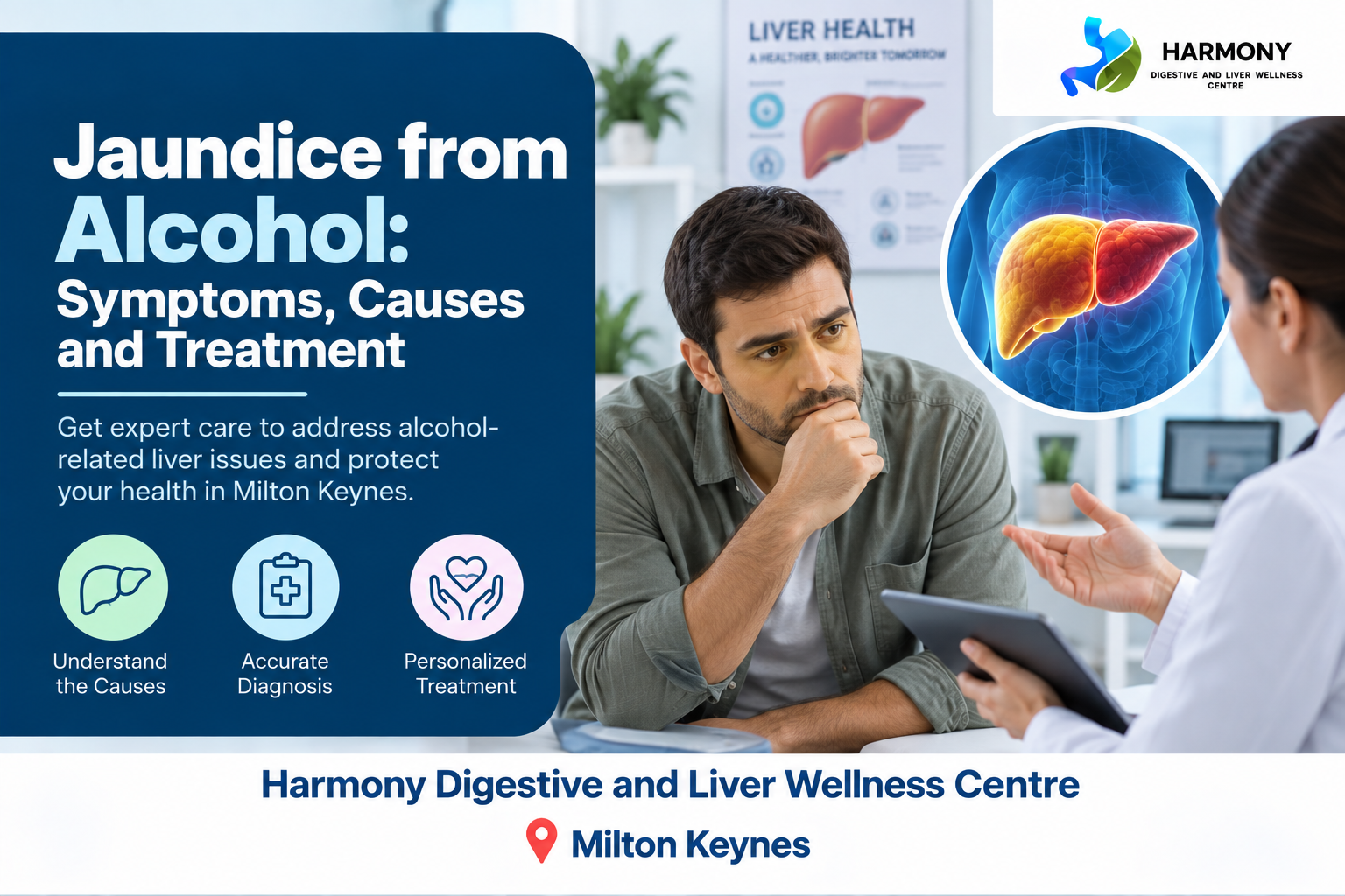 Jaundice from alcohol: symptoms, causes and treatment, showing a patient consulting a doctor with a liver illustration highlighting alcohol-related liver damage at Harmony Digestive and Liver Wellness Centre in Milton Keynes
