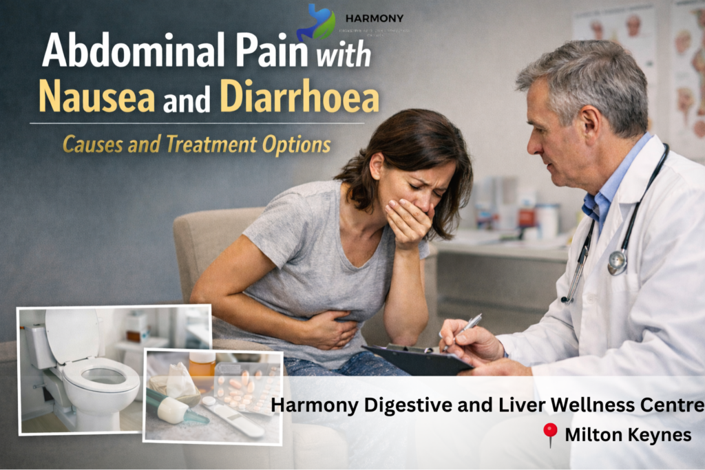 abdominal pain with nausea and diarrhoea